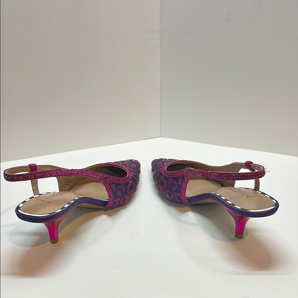 Betsey Johnson Purple and Pink Crystal Leopard Slingback Heels 7M - Picture 3 of 4